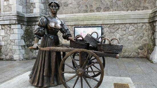 Molly Malone Statue Dublin City Molly Malone Statue and Cart with St. Andrew Church in background