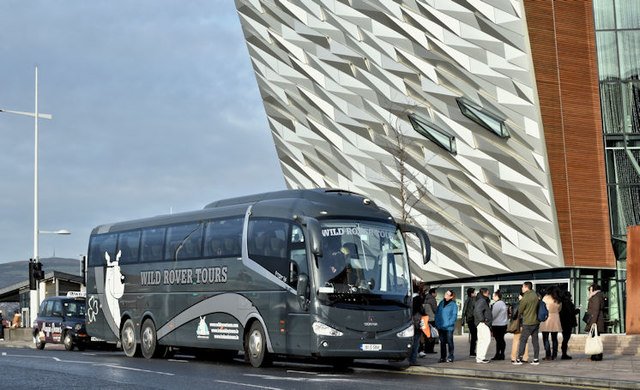 Wild Rover Tour Coach parked at Titanic Centre Belfast